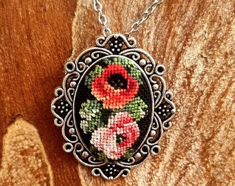 Rose and poppy necklace, Embroidered fabric pendant, Miniature embroidery, Crosstitch jewelry