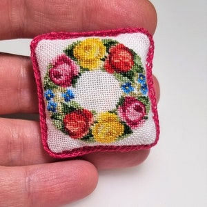 Miniature dollhouse embroidered pillow, Floral miniature cushion, 1:12 scale vintage pillow cushion