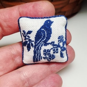 Dollhouse miniature pillow, Miniature blue bird cushion, Vintage miniature pillow, 1:12 scale accessory for doll