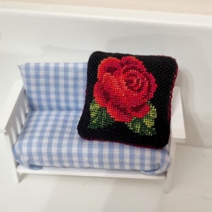 Miniature red rose pillow, Dollhouse embroidered pillow with red rose, 1:12 scale dollhouse pillow, Gothic dollhouse accessory