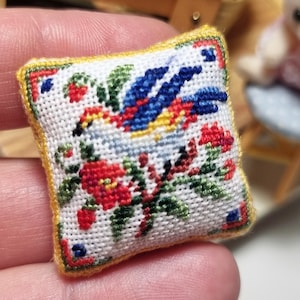Miniature dollhouse pillow cushion, Vintage bird embroidered pillow, 1:12 scale pillow,