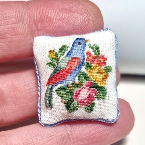 Miniature dollhouse victorian pillow, Dollhouse embroidered 12th scale cushion, Dollhouse antique pillow wit bird on roses