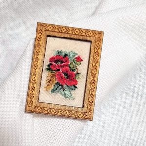 Puppenhaus Miniatur Bild mit Mohnblumen, Bild im Maßstab 1:12, Rustikales Miniaturbild, Miniatur Mohnblumenstrauß