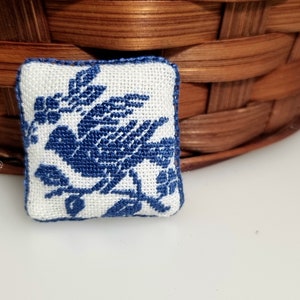 Dollhouse miniature pillow, Miniature dollhouse embroidered cushion, 1:12 scale accessories for doll, Blue bird pillow for dollhouse