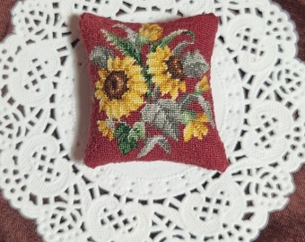 Miniature dollhouse pillow cushion, 1: 12 scale dollhouse, Dollhouse needlepoint, Embroidered sunflowers pillow, Autumn mini stitched cushio