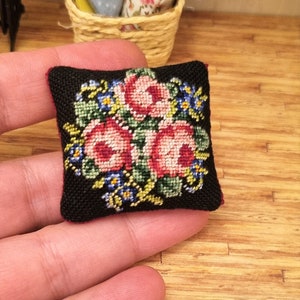 Dollhouse miniature pillow cushion, Floral needlepoint miniature pillow, Embroidered vintage pillow, 1:12 scale, Vintage dollhouse pillow