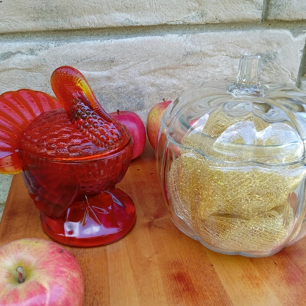 Vintage Colorful Glass Turkey or Clear Glass Big Fall Pumpkin Candy Dish Centerpiece with Lid, Sold Separately, Arrives with FREE Shipping!