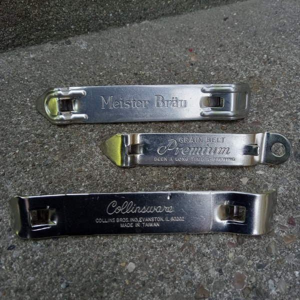 Set of Three Vintage Metal Advertisement Bottle Openers, Meister Brau Beer, Collins Bros. Collinsware, and Diamond Clear Grain Belt Beer!!!!