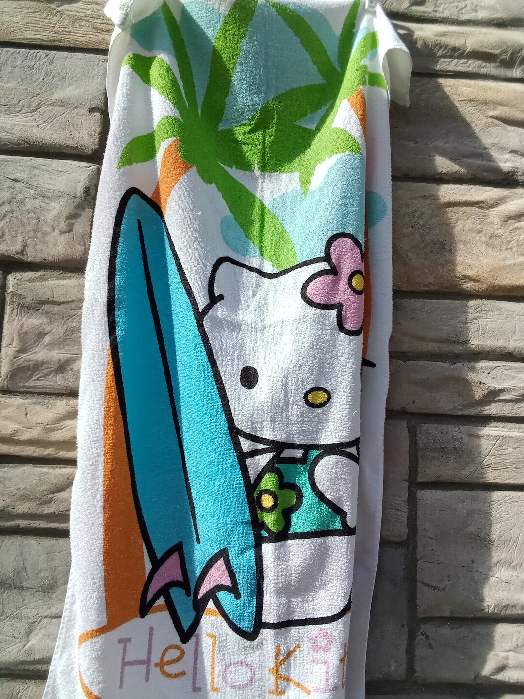 Vintage Hello Kitty Beach Towel With Sun, Surf, and Palm Trees in