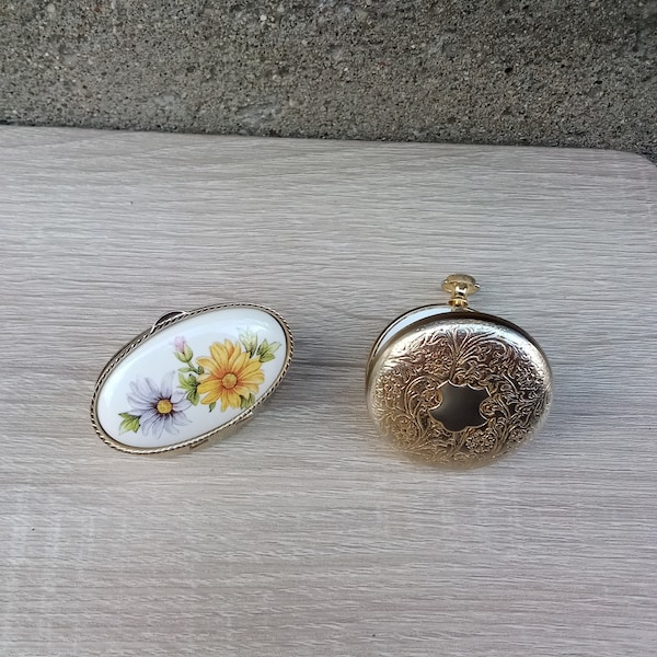 Bright and Beautiful Gold Tone Pill Box, 2 Options to Choose From, One Porcelain and Hand Painted, One Pocket Watch Style, FREE Shipping!@@