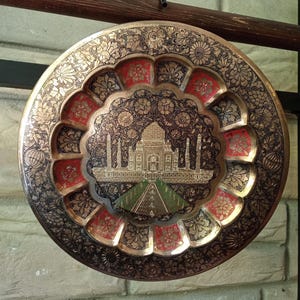 Vintage Large Brass Hanging Plate Etched With An Image of the Taj Mahal India,  Includes FREE Shipping!!