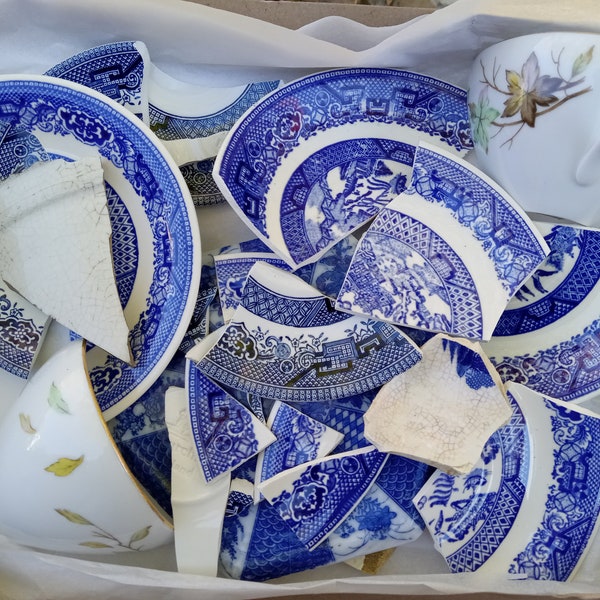 Vintage and Antique Broken Bits and Pieces of Ceramic, China and Porcelain for Upcycle, Reuse, Art Projects, Blue Willow, FREE SHIPPING!!!