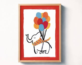 Elephant Balloons Nursery Print | Whimsical Kids Room Decor