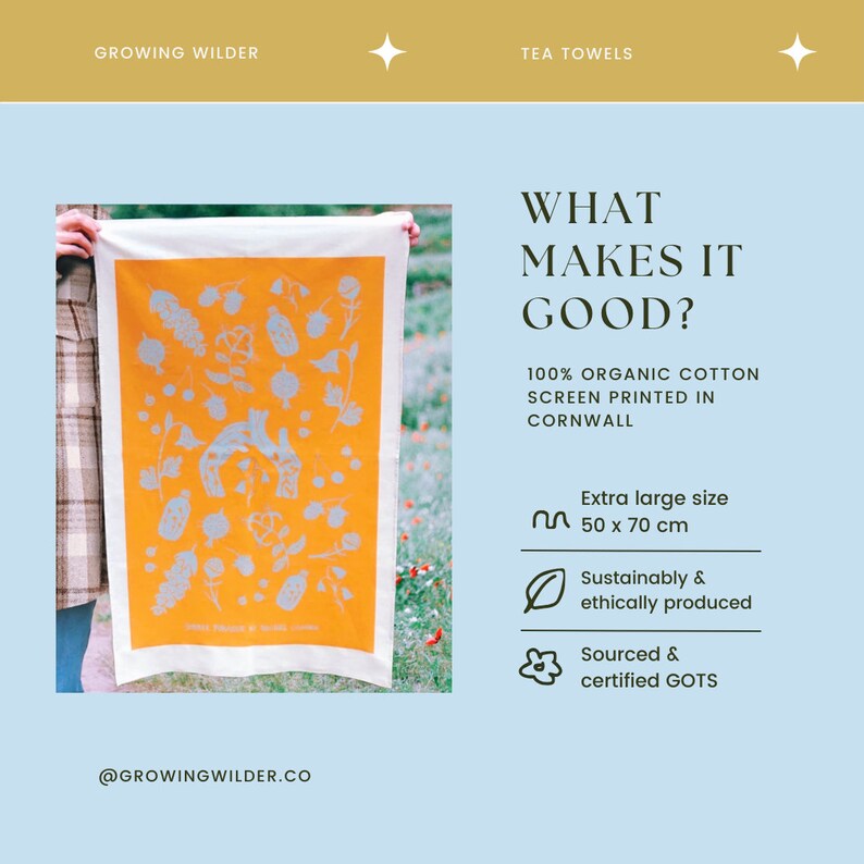 A tea towel fit to be a Tapestry! Summer Forager tea towel is inspired by our connection to nature, food and sustainability. It is part of a tea towel set focusing on the seasons and different foraging finds in each.