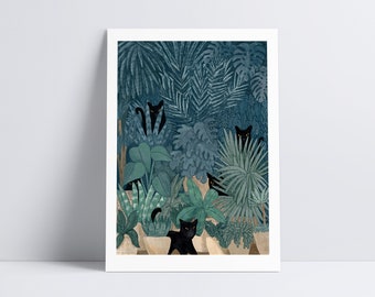 Black Cats in a Potted Jungle / Giclée Art Print