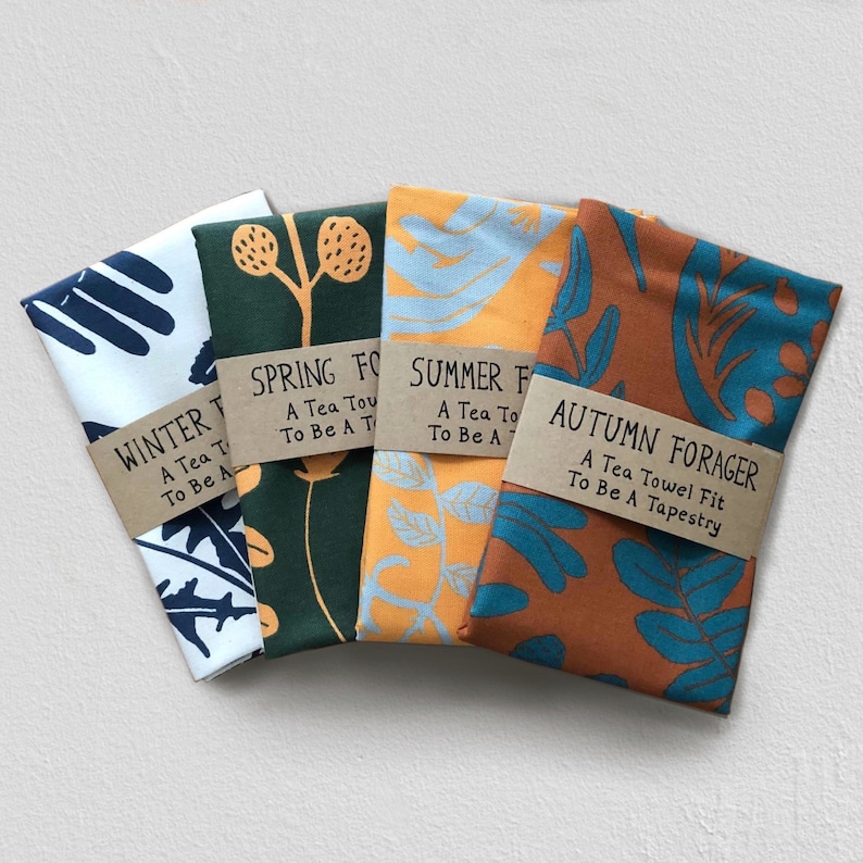 A tea towel fit to be a Tapestry! Summer Forager tea towel is inspired by our connection to nature, food and sustainability. It is part of a tea towel set focusing on the seasons and different foraging finds in each.