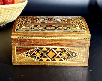 Vintage Wooden Mosaic Jewelry  Handmade Box with Mother of Pearl