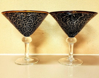Set of 2 vintage hand blown large margarita or cosmo glasses. Cool animal print design