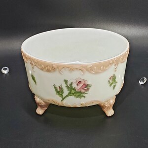Beautiful mid century white vintage porcelain footed bowl with rose and pink design