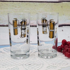 Set of 2 rare vintage fire extinguisher highball collectors glasses