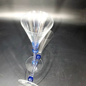 Set of 2 Martini & Rossi 2000 Millennium Asti champagne flutes with cobalt blue swirled stems