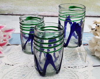 Set of 3 rare Mexican hand blown glasses blue and green design