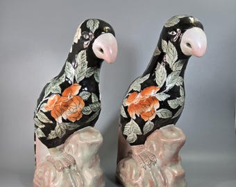 Set of 2 Vintage WBI Parrot ceramic hand-painted flower bird pottery sculpture black floral blossom design