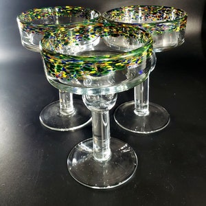 Set of 3 Mexican Hand Blown Margarita Glasses Confetti Rim