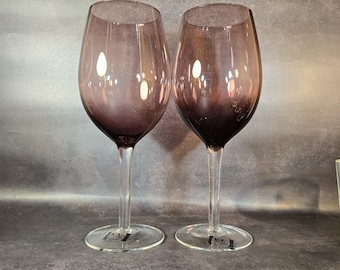 Set of 2 vintage large bowl Amethyst wine glasses by Volo, hand blown