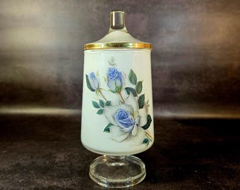 Vintage West Virginia glass white frosted Apothecary jar lid pedestal blue rose