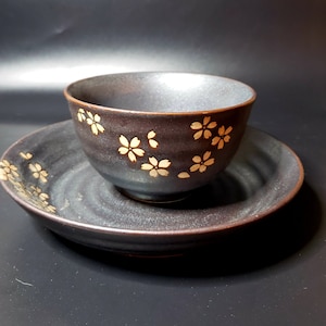 Vintage World Market small rice soup bowl with matching plate brown with tan floral pattern