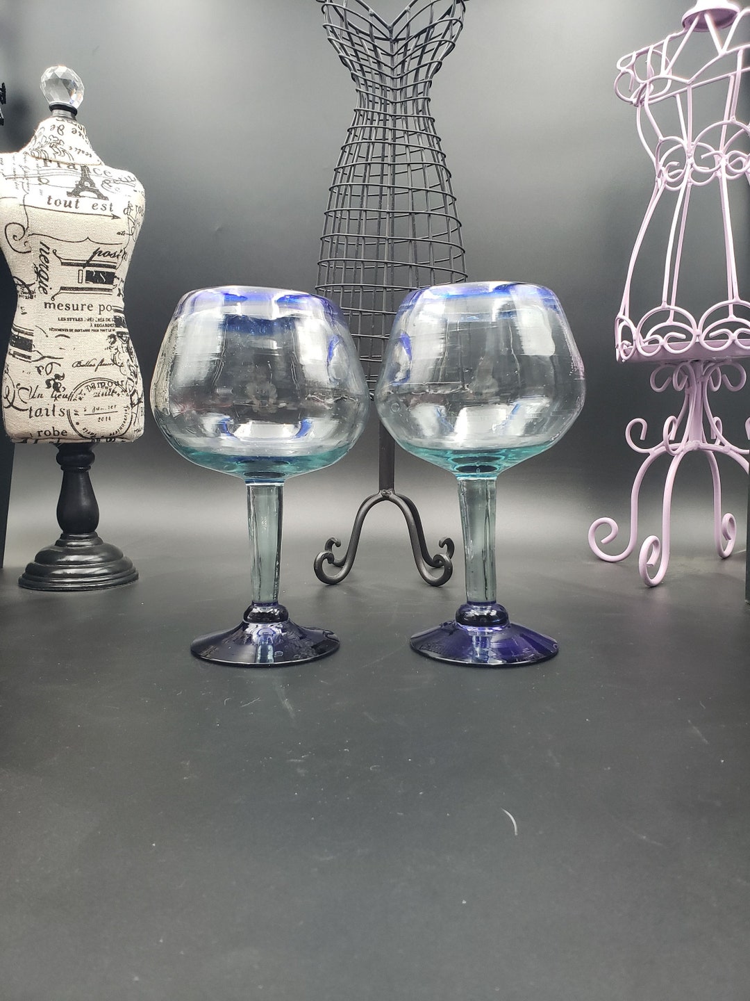 Set of 2 Hand Blown Blue Rim Wine Glasses Mexico cobalt Etsy