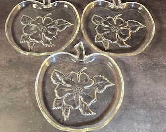 Set of 3 vintage Hazel Atlas "Apple Blossom" pattern clear glass snack plates