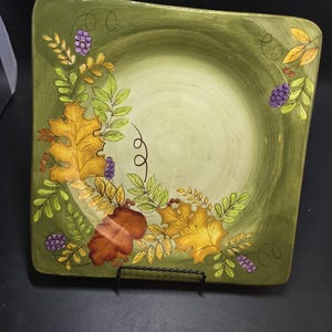 Discontinued Gates Ware By Laurie Gates green fall leaves square dinner plate platter tray 11”