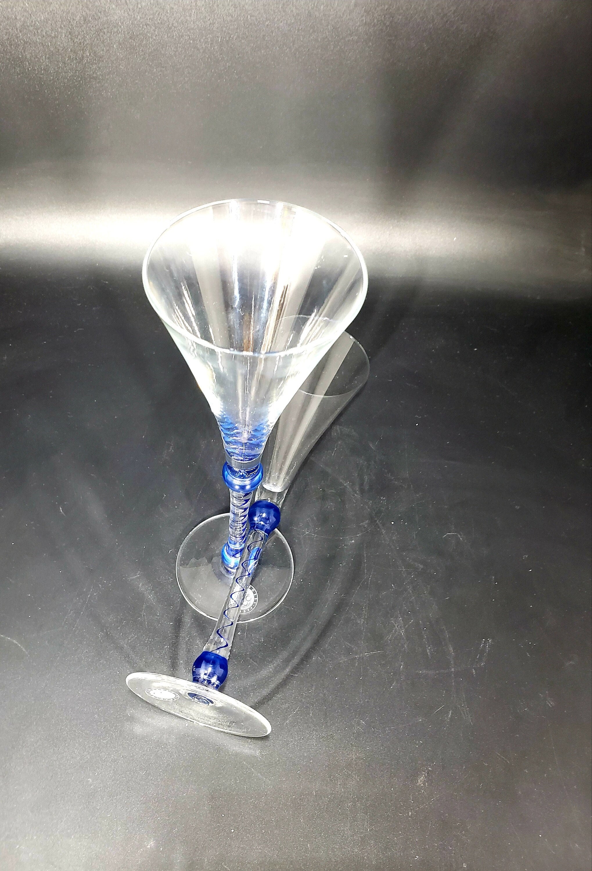 Set of 2 Martini & Rossi 2000 Millennium Asti champagne flutes with cobalt blue swirled stems