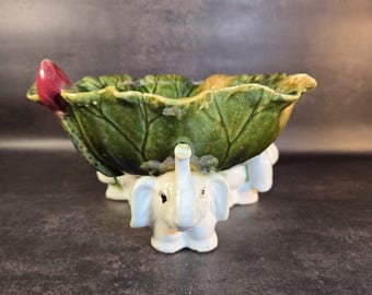 Vintage ceramic Majolica Three Elephants lucky planter bowl