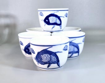 Set of 6 vintage white and blue ceramic Carp Koi Fish tea cups