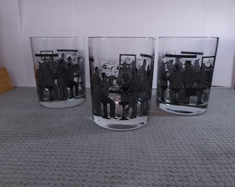 Set of 4 vintage rocks glass bar/pub scene Art Deco Style 10 Oz barware
