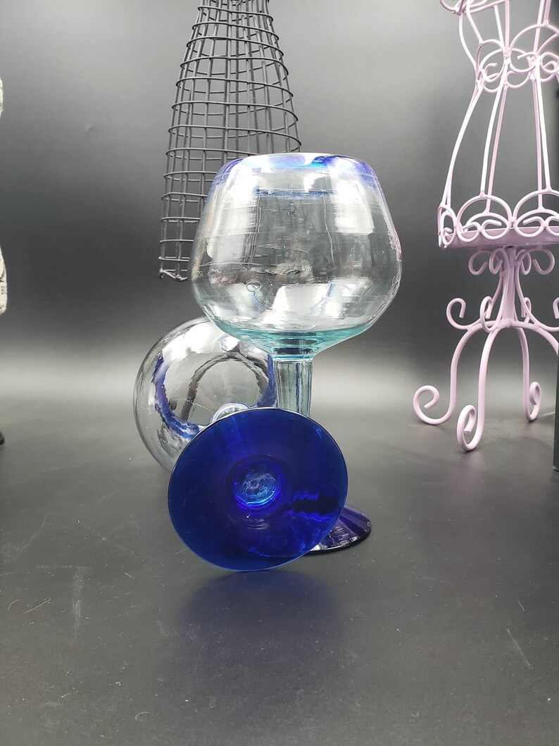 Set of 2 Hand Blown Blue Rim Wine Glasses Mexico cobalt Etsy