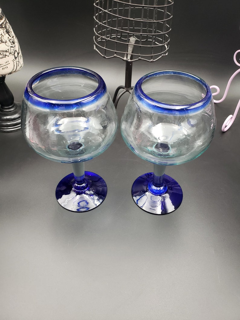Set of 2 Hand Blown Blue Rim Wine Glasses Mexico cobalt Etsy