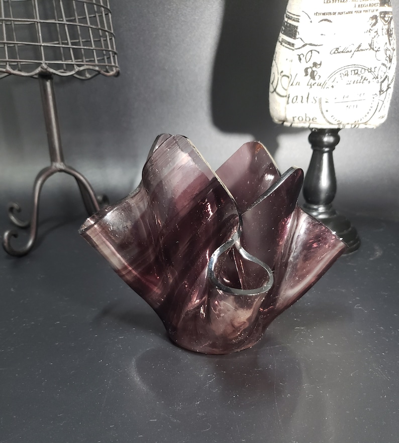 Vintage Handkerchief Hand Blown Murano Style Glass Vase Signed by MKG
