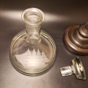 Vintage Romanian Tuscany crystal etched clipper ship Decanter 1970&#39;s