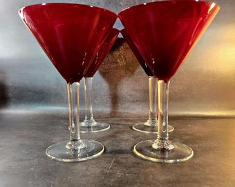 Set of 4 red Williams Sonoma vintage holiday line, hand-blown cocktail glasses