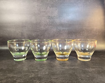 Set of 4 vintage small Madmen era neon orange and green tinted rocks glasses