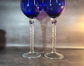 Set of 2 Vintage Empoli Italian Cobalt blue wine glasses, clear twisted stems