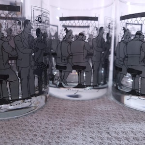 Set of 4 vintage rocks glass bar/pub scene Art Deco Style 10 Oz barware