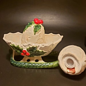 Vintage White Ceramic Sleigh, LEFTON Holly White Sleigh, LEFTON Sleigh 6055, made in Japan with matching salt and pepper shaker set.