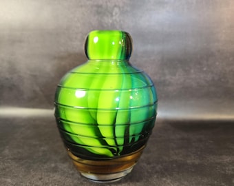 Vintage 5" handblown glass bud vase green yellow and blue swirl - Murano style