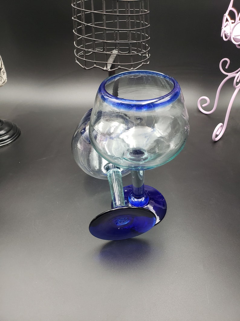 Set of 2 Hand Blown Blue Rim Wine Glasses Mexico cobalt Etsy