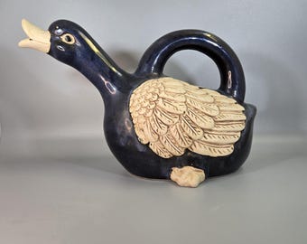 Vintage navy blue and beige glazed goose ceremic watering can pitcher